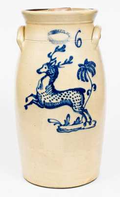 J. BURGER, JR. / ROCHESTER, N.Y. Stoneware Churn with Cobalt Leaping Deer Decoration