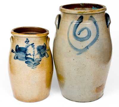Lot of Two: Midwestern Stoneware Churns with Cobalt Decoration