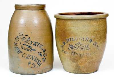 Lot of Two: NEW GENEVA, PA Stoneware Jars Stenciled J. E. ENEIX and L. B. DILLINER