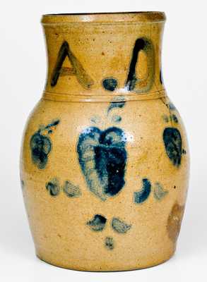 Very Rare Spoutless Ohio Stoneware Pitcher w/ Fruit and Floral Motifs, Inscribed 