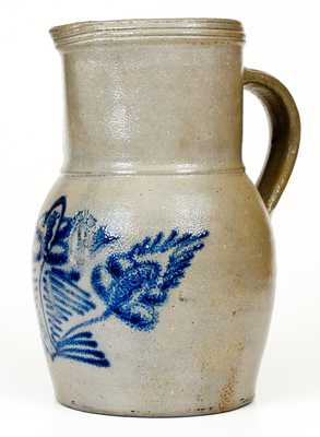 Scarce Newville, PA Stoneware Pitcher with Slip-Trailed Cobalt Floral Decoration, c1852-65
