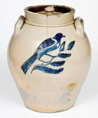 Very Fine Utica, NY Lidded Jar with Bold Incised Bird Decoration