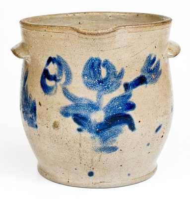 Unusual 1 Gal. Mid-Atlantic Stoneware Milkpan with Cobalt Floral Decoration