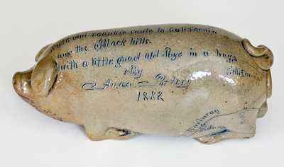 Anna Pottery Salt-Glazed Stoneware Pig Flask w/ Black Hills Inscription, Signed By Anna Pottery / 1882