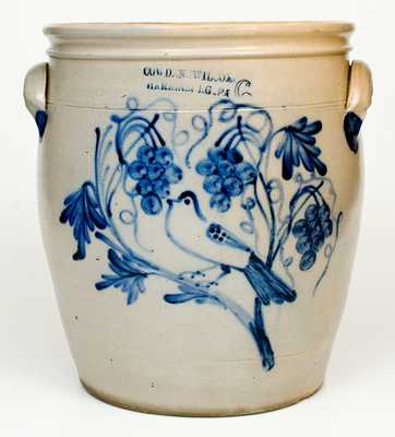 COWDEN & WILCOX, / HARRISBURG, PA Six-Gallon Stoneware Jar with Cobalt Bird and Triple-Grapes Decoration