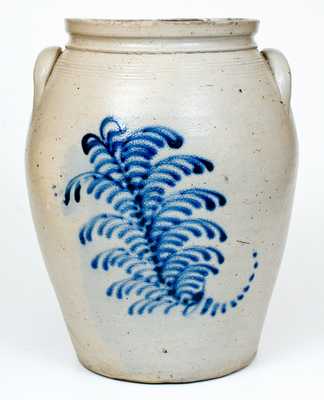 Fine 5 Gal. Stoneware Jar with Slip-Trailed Foliate Design, probably New Jersey