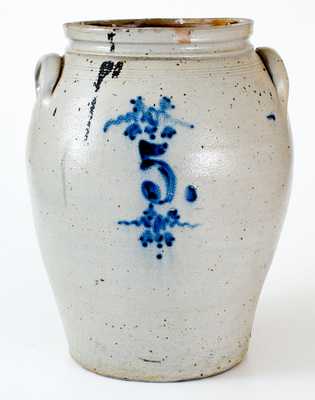 Fine 5 Gal. Stoneware Jar with Slip-Trailed Foliate Design, probably New Jersey