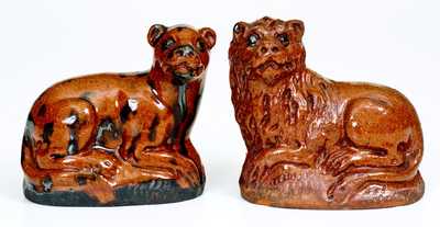 Very Unusual Pair of Redware Male and Female Lions, probably Pennsylvania