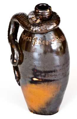 Anna Pottery Snake Flask, Inscribed Harpers $500.00, Little Brown Jug / 1883, and Anna Pottery 1884
