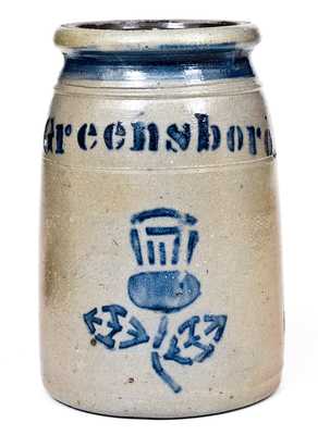 Exceptional Stoneware Canning Jars with Stenciled Cobalt Decorations, Greensboro, PA origin, circa 1865-1870.