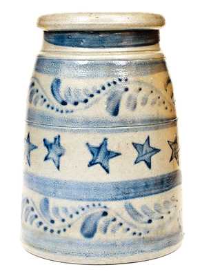 Western PA Stoneware Canning Jar w/ Profuse Stenciled Cobalt Star and Freehand Decorations
