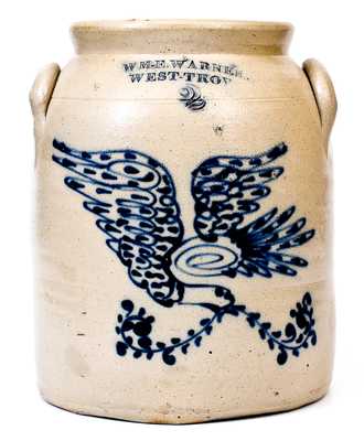 WM. E. WARNER. / WEST-TROY, NY Two-Gallon Stoneware Jar with Cobalt Eagle Decoration