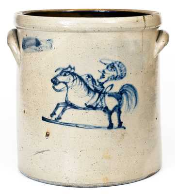 C.W. BRAUN / BUFFALO. N.Y. Stoneware Crock with Cobalt Horse and Jockey Decoration
