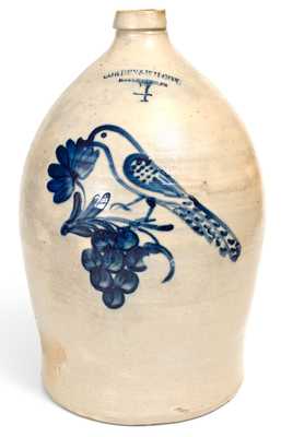 COWDEN & WILCOX / HARRISBURG, PA Four-Gallon Stoneware Jug with Cobalt Bird and Grapes Motif