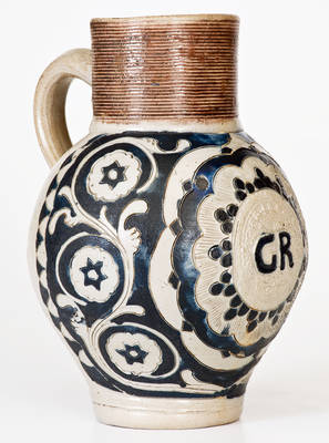 Exceptional Westerwald Stoneware "GR" Jug w/ Incised Decoration, 18th century