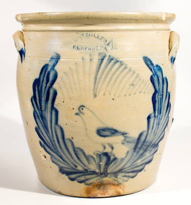 M. & T. MILLER / NEWPORT, PA Stoneware Jar with Large Cobalt Bird-in-Wreath Decoration