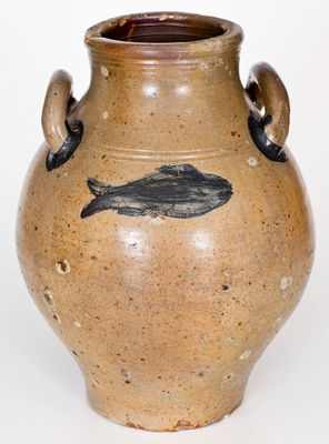 Open-Handled Stoneware Jar w/ Impressed Fish Design attrib. Jonathan Fenton, Boston, MA, late 18th century