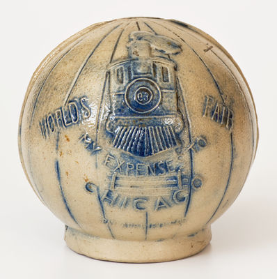 Worlds Fair Stoneware Train Bank w/ Brooklyn / NYC Advertising by Whites Pottery, Utica, NY, 1893