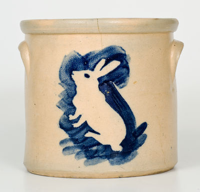 Attrib. Somerset Potters Works (Massachusetts) Stoneware Crock w/ Stenciled Cobalt Rabbit Decoration