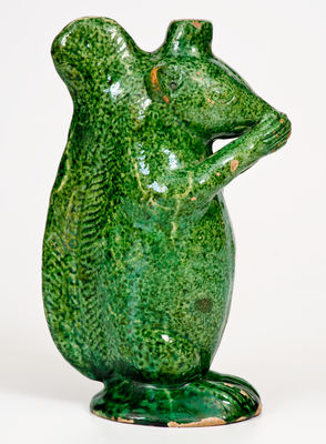 Copper-Glazed Moravian Redware Squirrel Bottle, Salem, NC origin, 1801-1829