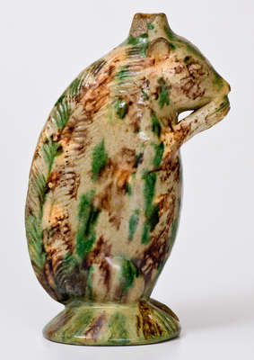 Moravian Redware Squirrel Bottle with Whieldon-Type Glaze, Salem, NC, c1801-1829.