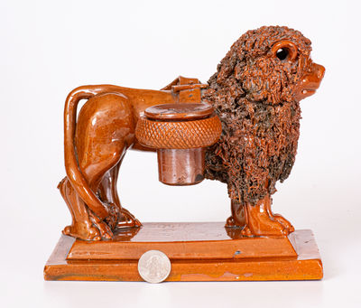 Exceptional Large-Sized Pennsylvania Redware Lion Inkstand Signed 