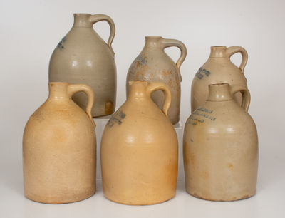 Lot of Six: Small-Sized Stoneware Jugs with Impressed BOSTON and LAWRENCE, MA Advertising