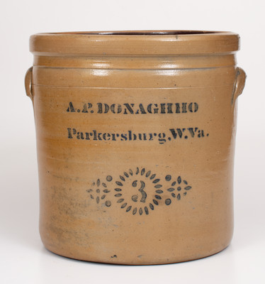 Three-Gallon A.P. DONAGHHO / Parkersburg, W.Va. Cobalt-Decorated Stoneware Crock