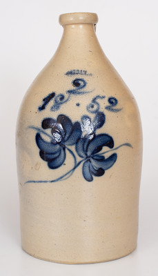 Rare JORDAN, New York 1852 Stoneware Jug w/ Cobalt Floral Decoration