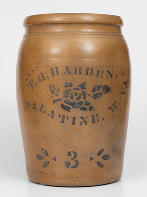 Three-Gallon T.D. HARDEN / PALATINE, W. VA. Stoneware Jar w/ Stenciled Rose