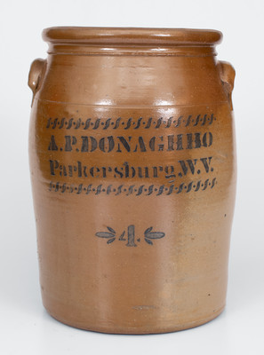 Four-Gallon A.P. DONAGHHO / Parkersburg, W.V. Cobalt-Decorated Stoneware Jar