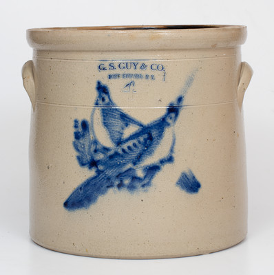 Four-Gallon G.S. GUY & CO. / FORT EDWARD, N.Y. Stoneware Crock w/ Cobalt Double Bird Decoration