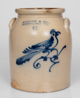 J. NORTON & CO. / BENNINGTON, VT Stoneware Jar w/ Cobalt Bird Decoration, circa 1860