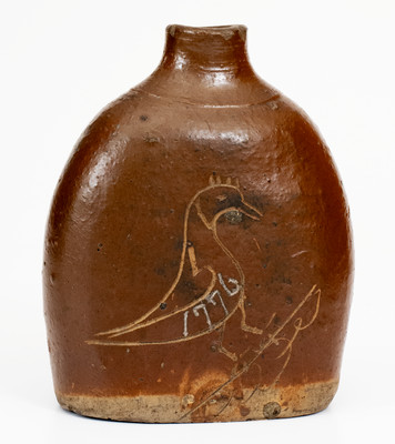 Rare Albany-Slip-Glazed Stoneware Flask w/ Incised Bird and Humorous Inscription, possibly Ohio, c1830
