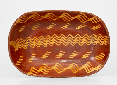 Fine Large-Sized Pennsylvania Redware Loaf Dish w/ Elaborate Yellow Slip Decoration