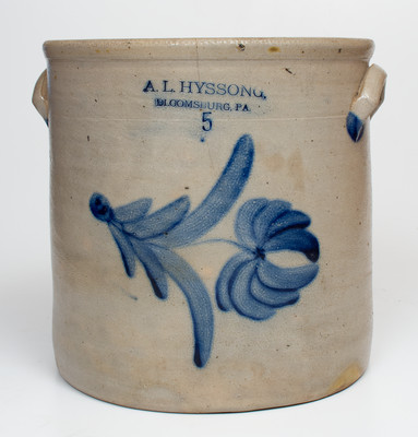 5 Gal. A. L. HYSSONG / BLOOMSBURG, PA Stoneware Crock w/ Bold Floral Decoration