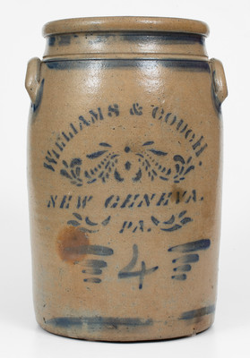 Scarce 4 Gal. WILLIAMS & COUCH / NEW GENEVA, PA Stoneware Jar