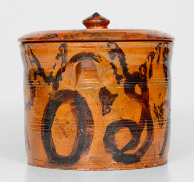 Outstanding Mid-Atlantic Redware Lidded Jar with Manganese Initials 