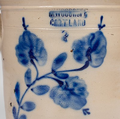Three-Gallon M. WOODRUFF / CORTLAND, New York Stoneware Crock w/ Floral Decoration