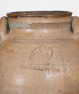CHARLESTOWN (Boston, MA) Iron-Decorated Stoneware Jar w/ Impressed Eagle-on-Cannon Motif, 1812-27