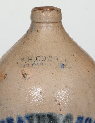 Scarce Stoneware Jug w/ Elizabeth, PA Distillers  Advertising, Stamped F.H. COWDEN / HARRISBURG