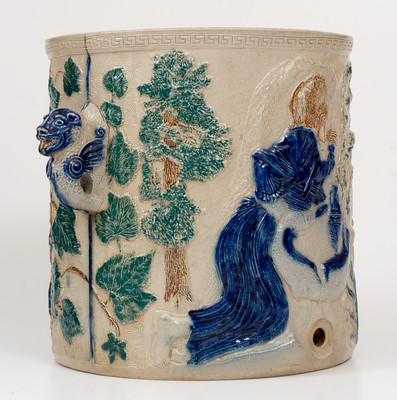 Scarce Rebecca-at-the-Well Stoneware Cooler w/ Three-Color Slip Decoration, White s Pottery, Utica, NY