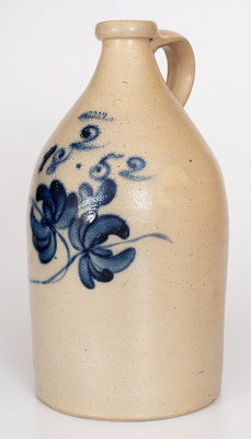 Rare JORDAN, New York 1852 Stoneware Jug w/ Cobalt Floral Decoration