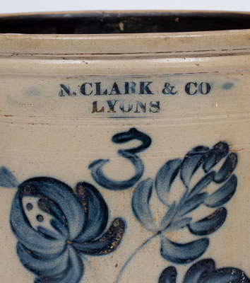 Fine Three-Gallon N. CLARK & CO / LYONS Stoneware Crock