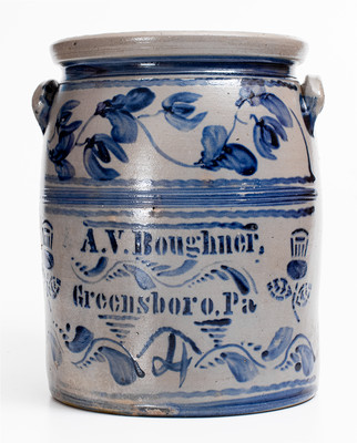 A.V. Boughner, / Greensboro, Pa Four-Gallon Stoneware Jar w/ Thistle Decoration