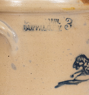 Rare C.W. BRAUN. / BUFFALO, N.Y. Stoneware Crock w/ Cobalt Dog Decoration