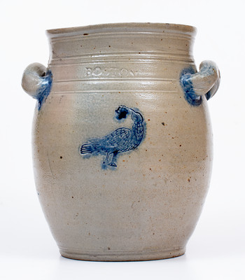 Extremely Rare and Important BOSTON Stoneware Jar w/ Bird-in-Tree Motif, Jonathan Fenton, late 18th century