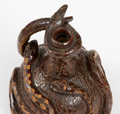 Rare Albany-Slip-Glazed Stoneware Snake Jug, Boonville, Missouri origin, circa 1890
