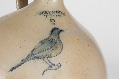 I. SEYMOUR / TROY, New York Stoneware Jug w/ Incised Bird Decoration, circa 1830