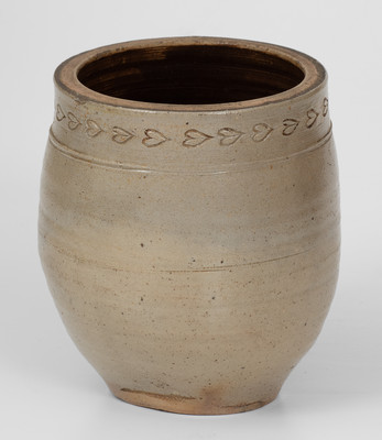 Unusual Small-Sized Stoneware Jar w/ Coggled Hearts, probably New Jersey, circa 1820